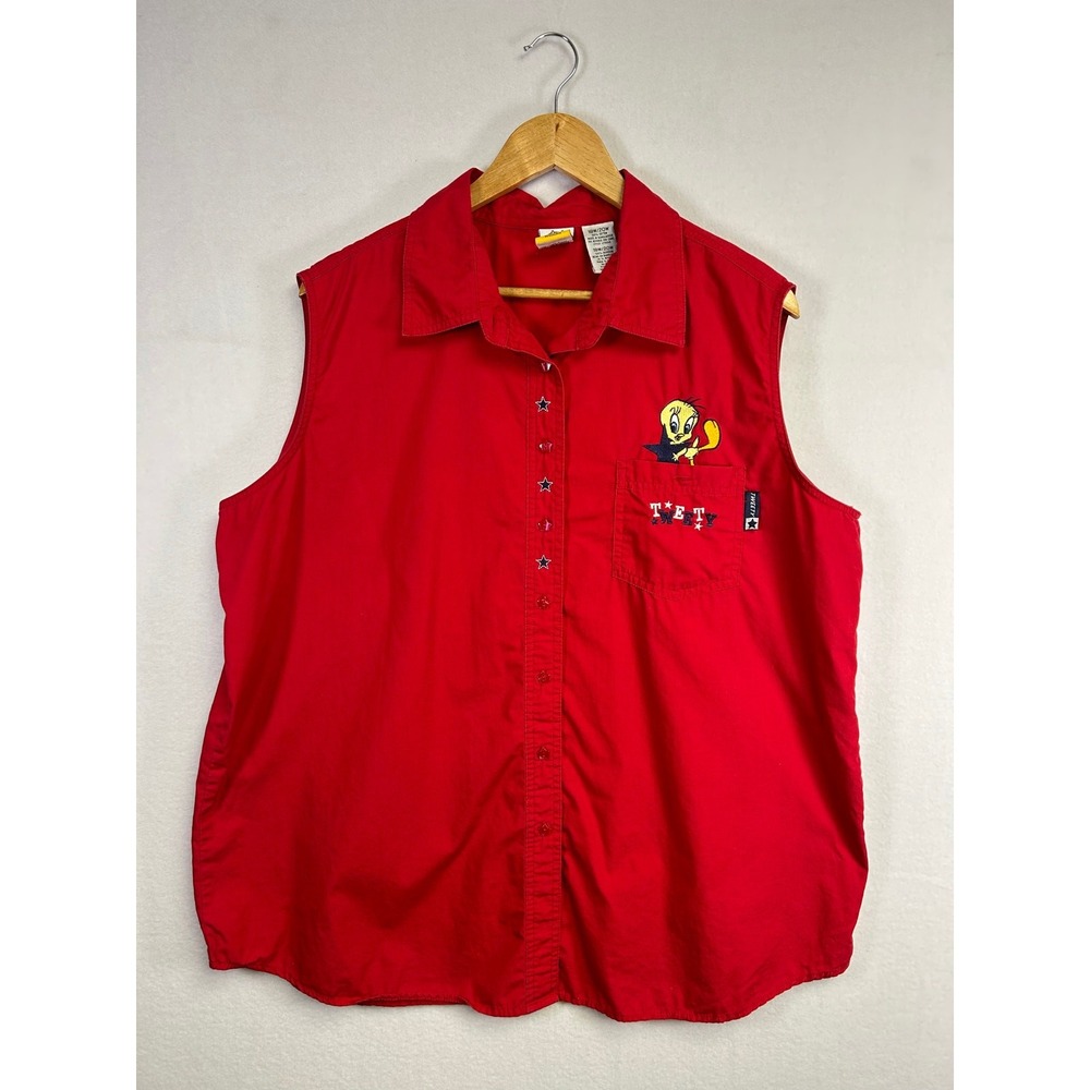 Vintageā 90s Looney Tunes Women 18W/20W Red Tweety Bird Sleeveless Button Down